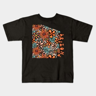 Arizona State Design | Artist Designed Illustration Featuring Arizona State Outline Filled With Retro Flowers with Retro Hand-Lettering Kids T-Shirt